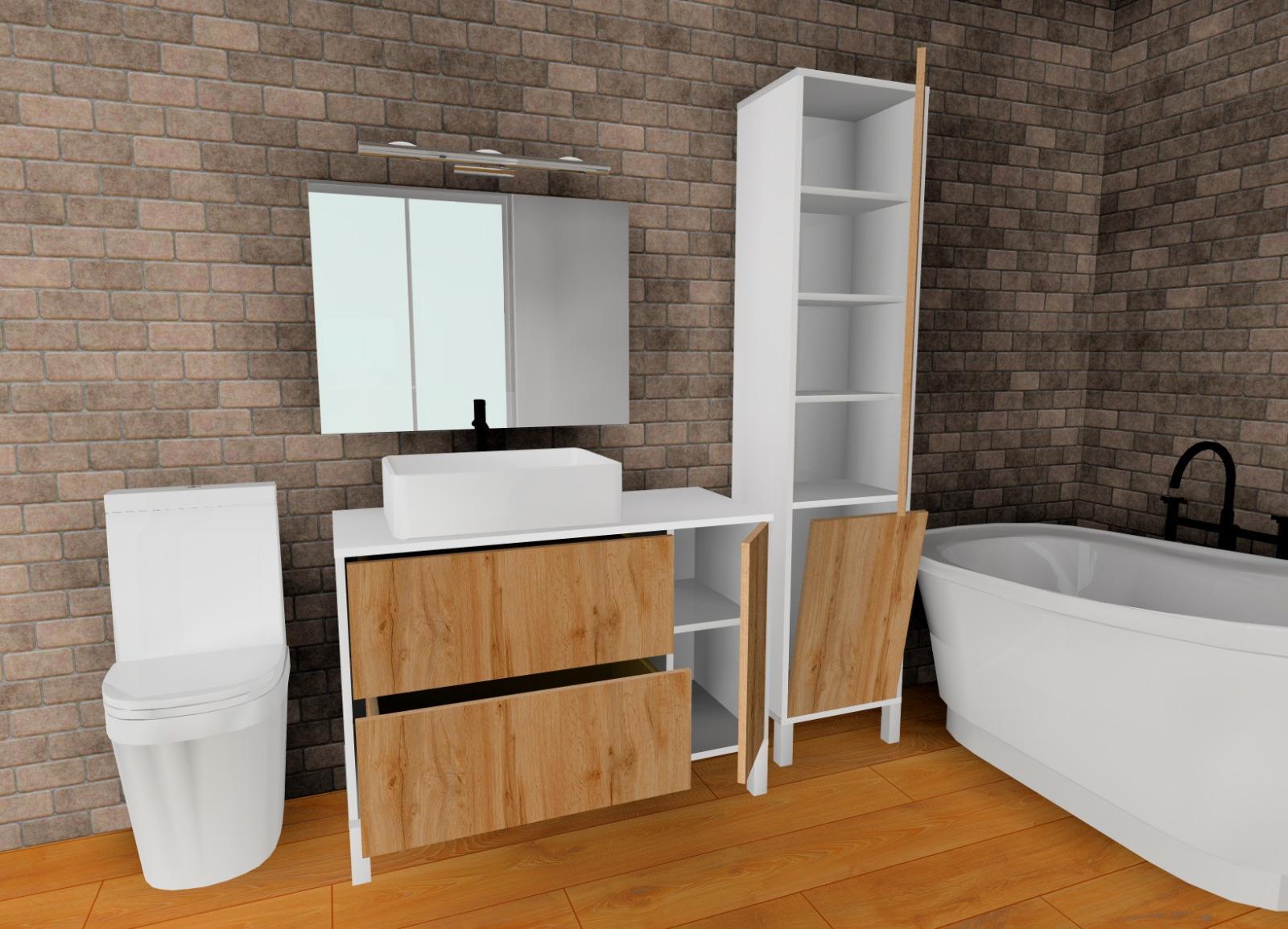 Zestaw 2 szt mebli łazienkowych dąb wotan z białymi elementami + kosz na pranie do łazienki 1 Full Screen