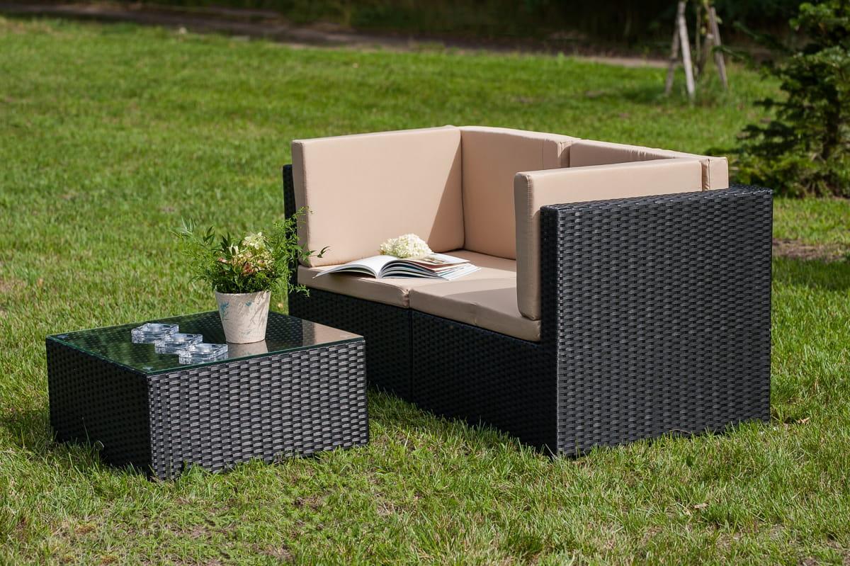 Sofa dwuosobowa ogrodowa PIENO 68x63x136 cm ze stolikiem technorattan na ogród taras czarny 0 Full Screen