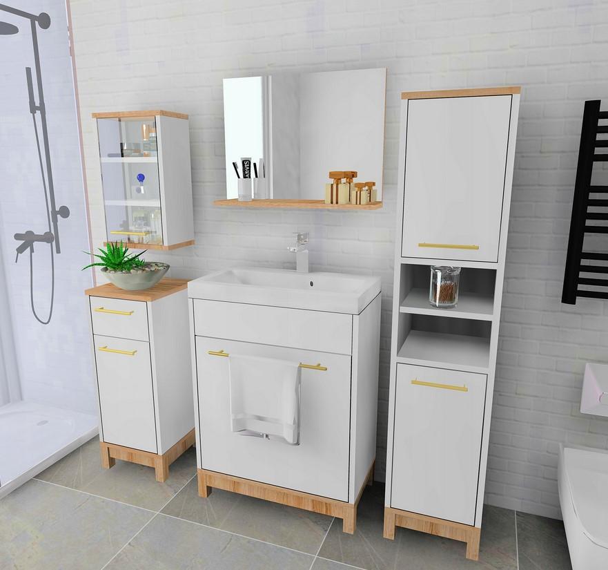 Zestaw 5 szt mebli łazienkowych białe matowe podstawa dąb wotan i złote uchwyty bez składania do łazienki  1 Full Screen