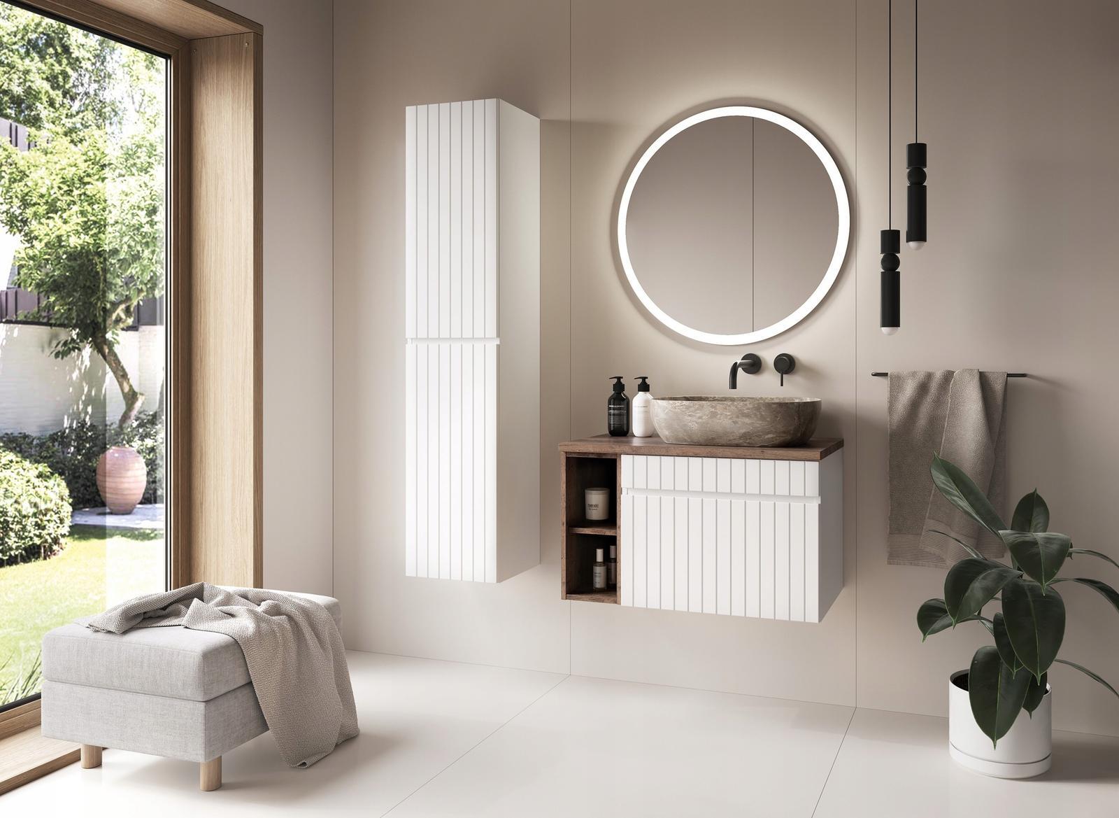 Szafka pod umywalkę 60 cm biała z blatem dąb frezowany front szuflady do łazienki  6 Full Screen