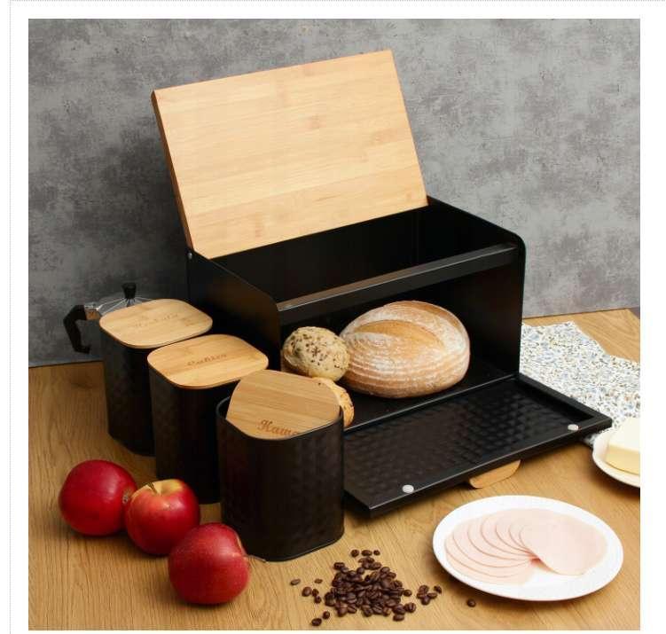 Zestaw chlebak metalowy + 3 pojemniki + nóż czarne z drewnianą pokrywką do kuchni  2 Full Screen
