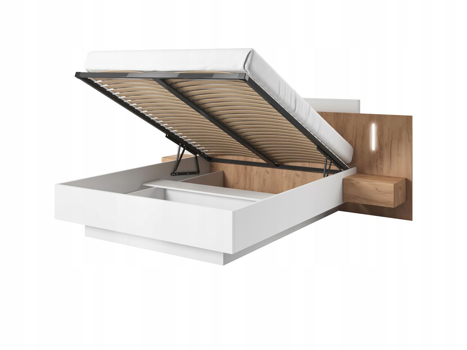 Łóżko ze stolikami + oświetlenie 264x102x218 cm system 3D biały / craft złoty do sypialni  1 Full Screen