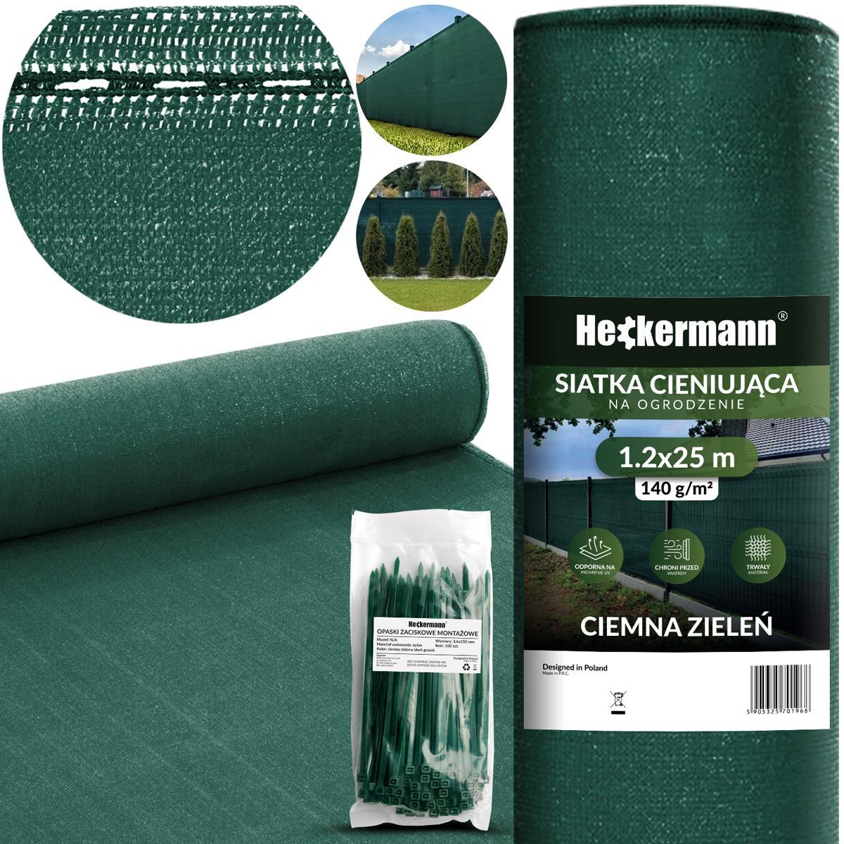 Siatka cieniująca maskująca na płot 90% 1,2x25m Heckermann - Zielona + Opaski 100szt 0 Full Screen