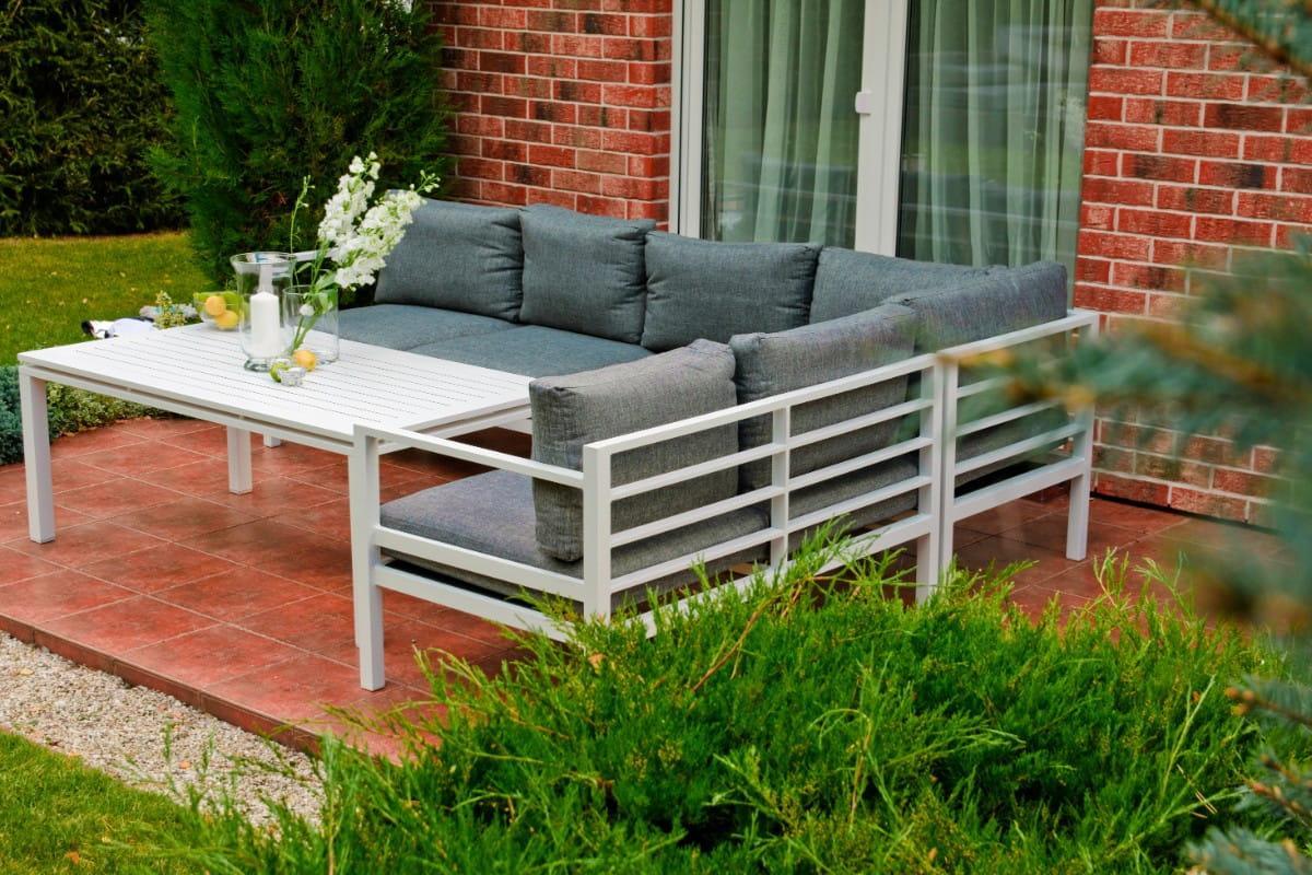 Narożnik ogrodowy z poduszkami 105x71x268 cm z aluminium stolik szary do ogrodu na taras 8 Full Screen
