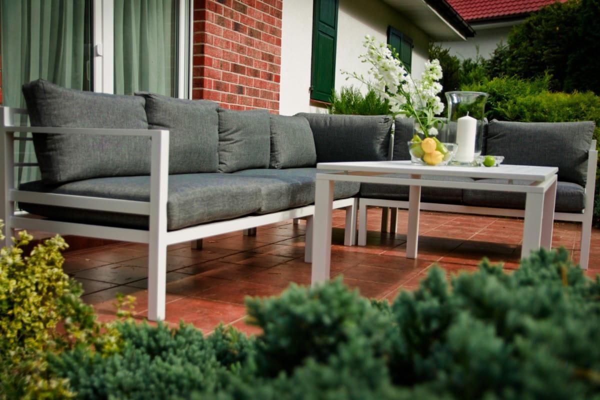 Narożnik ogrodowy z poduszkami 105x71x268 cm z aluminium stolik szary do ogrodu na taras 7 Full Screen