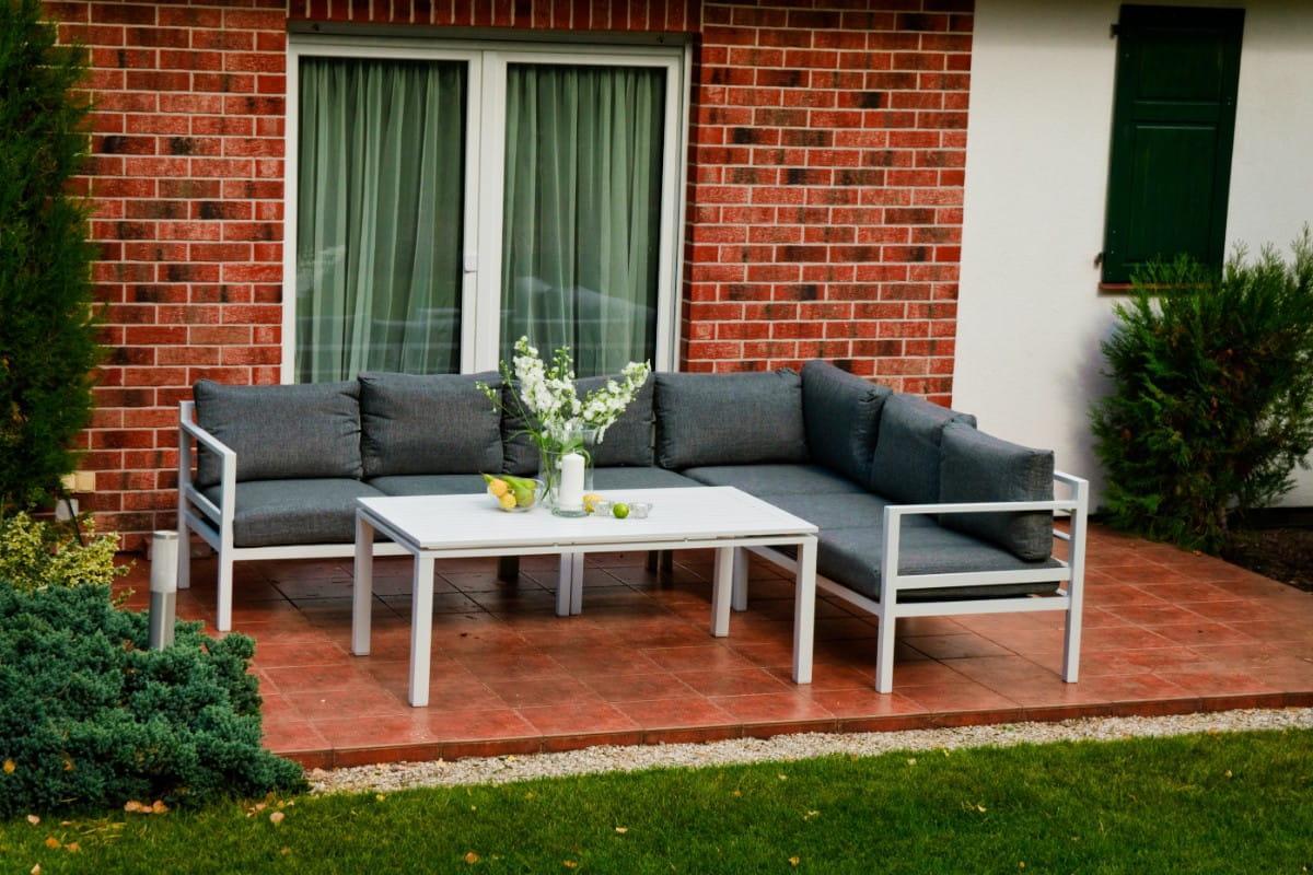 Narożnik ogrodowy z poduszkami 105x71x268 cm z aluminium stolik szary do ogrodu na taras 1 Full Screen