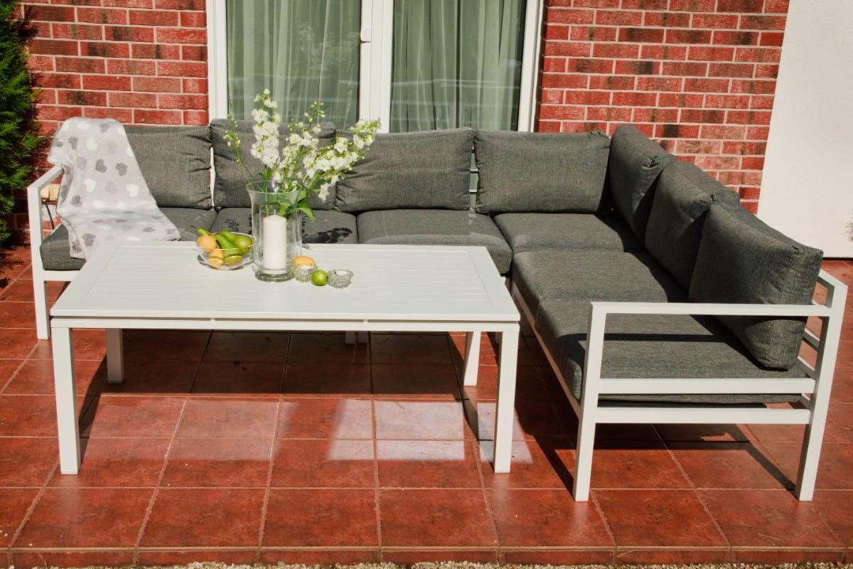 Narożnik ogrodowy z poduszkami 105x71x268 cm z aluminium stolik szary do ogrodu na taras 3 Full Screen