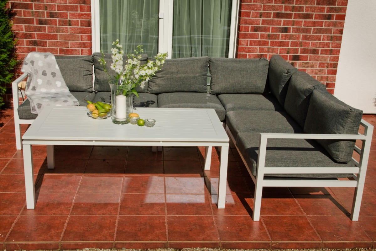 Narożnik ogrodowy z poduszkami 105x71x268 cm z aluminium stolik szary do ogrodu na taras 2 Full Screen