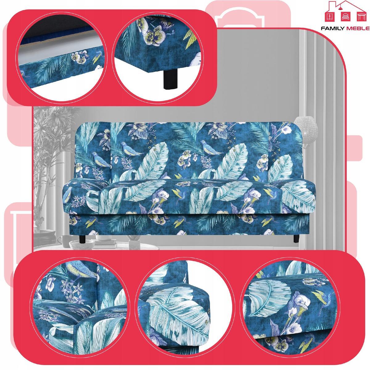 Wersalka SARA PRINT 200x95 cm niebieska liście rozkładana kanapa z pojemnikiem sofa do salonu Flowers nr. 4