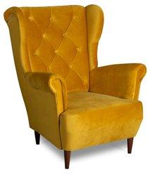 Fotel USZAK styl skandynawski KOTEY żółty brązowe nóżki do salonu