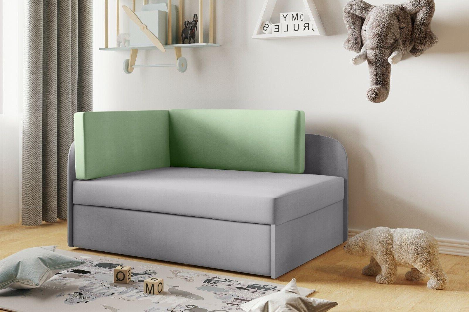 Sofa WINNIE 107x64x170 cm rozkładana z funkcją spania i skrzynią do pokoju dziecka zielony szary nr. 1