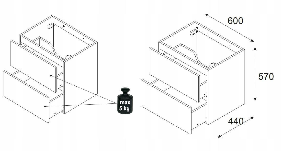 Szafka pod Umywalkę 60x57x46 cm czarna dąb wisząca fronty 3D 2 szuflady MDF do łazienki  nr. 3