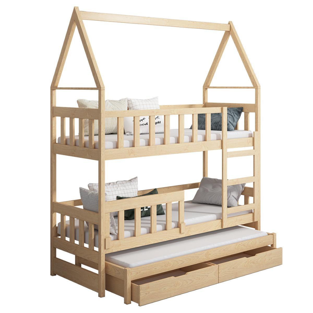 Łóżko piętrowe DOMEK drewno naturalne miejsce do spania dla 3 osób + materace piankowe 180x75 cm + barierka dolna do pokoju dziecka 5 Full Screen