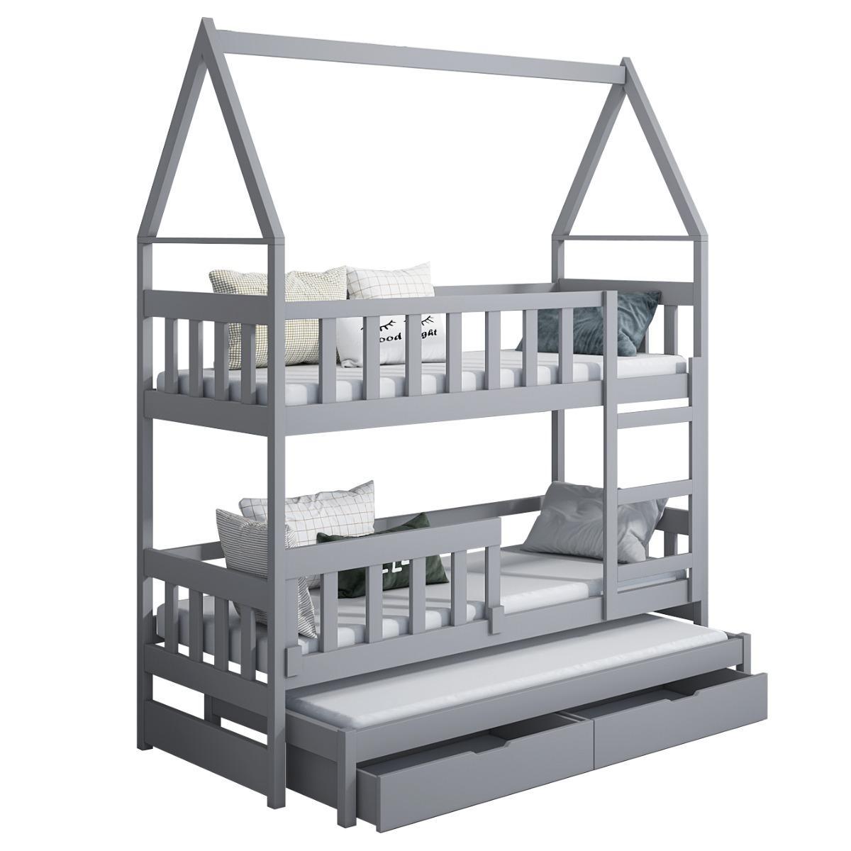 Łóżko piętrowe DOMEK drewno białe miejsce do spania dla 3 osób + materace sprężynowe 180x75 cm w zestawie do pokoju dziecka 3 Full Screen