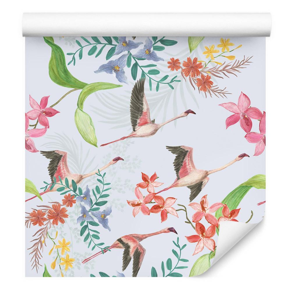 Tapeta – Lecące żurawie i kwiaty  nr. 1