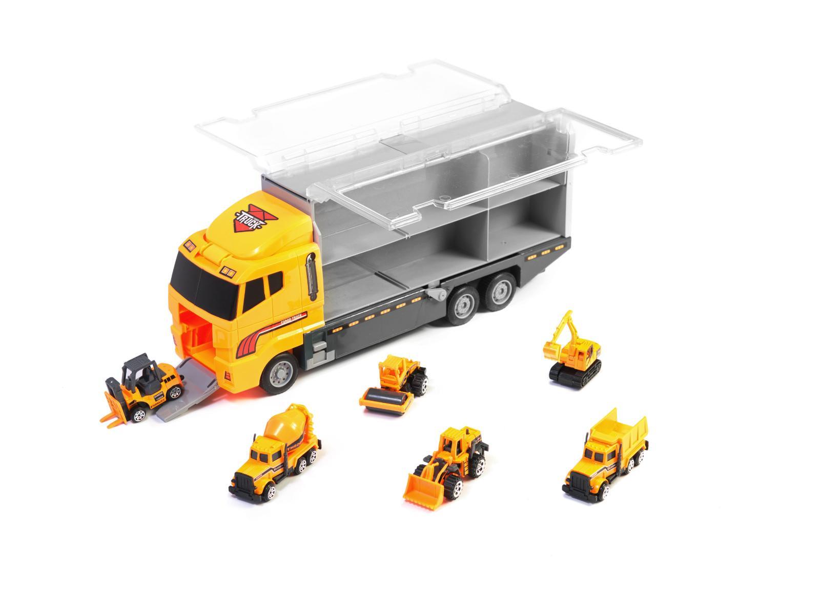 Transporter ciężarówka TIR wyrzutnia + metalowe auta maszyny budowlane zabawka dla dzieci 15x10x36cm 1 Full Screen