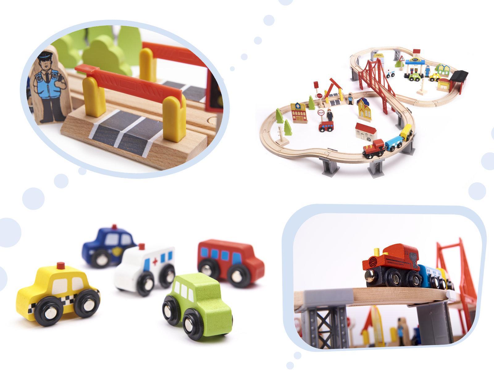 Kolejka drewniana pociąg tor samochodowy 70 elementów zabawka dla dzieci 110x20x66cm 6 Full Screen