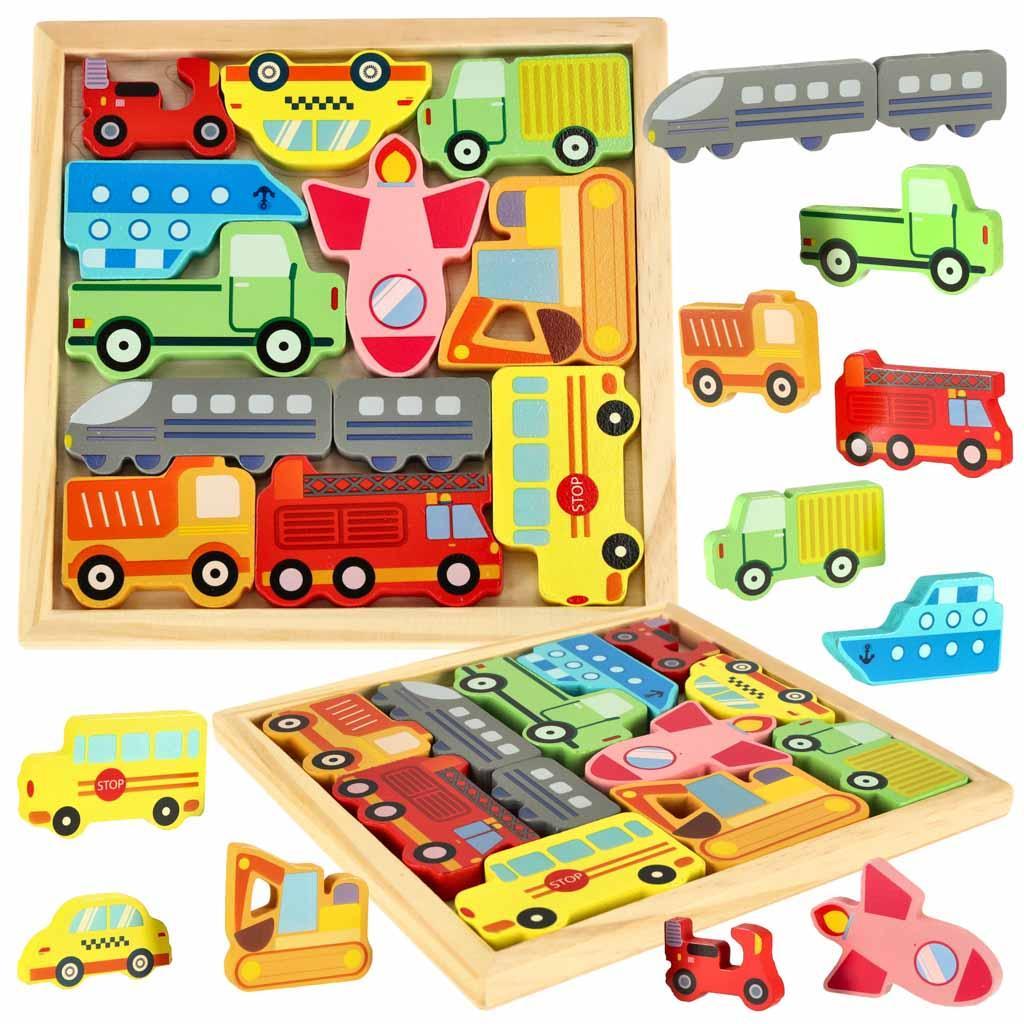 Puzzle układanka edukacyjna kolorowa drewniana sorter dla dziecka kształty pojazdy 17x17x 1 cm 0 Full Screen