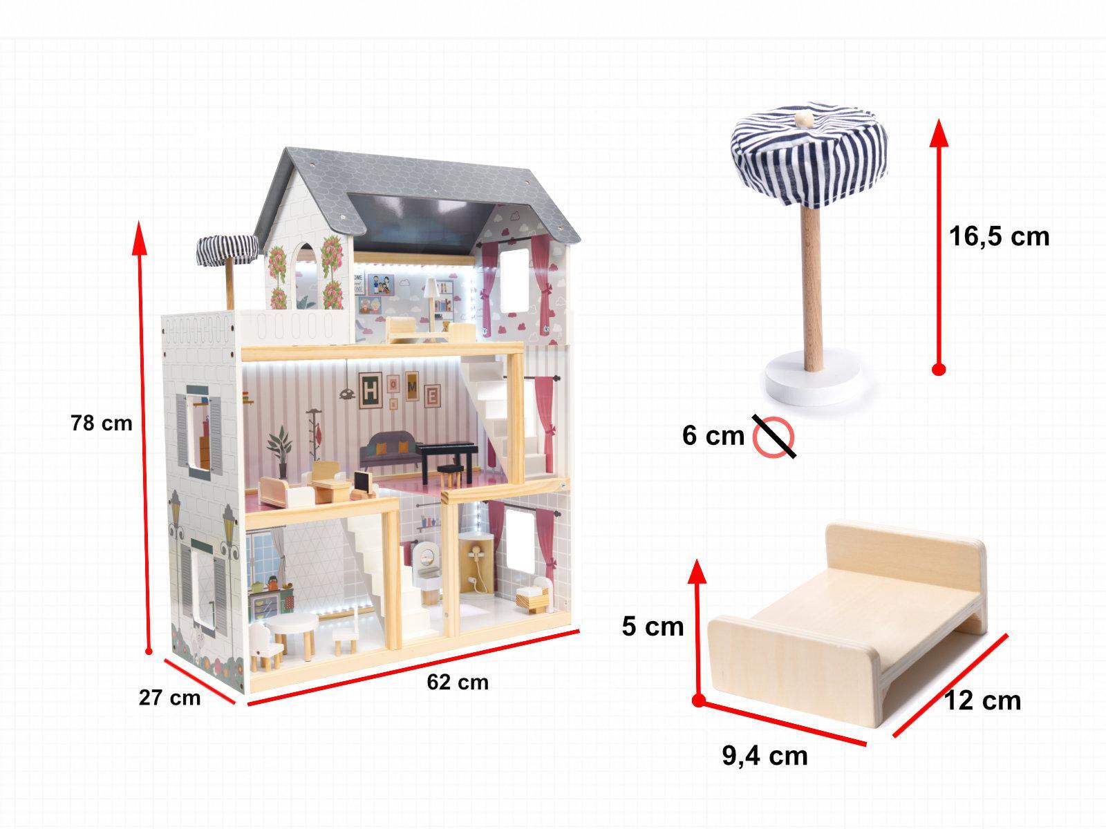 Drewniany domek dla lalek z mebelkami zabawka dla dziewczynki akcesoria MDF LED czarny 62x78x27 cm nr. 16