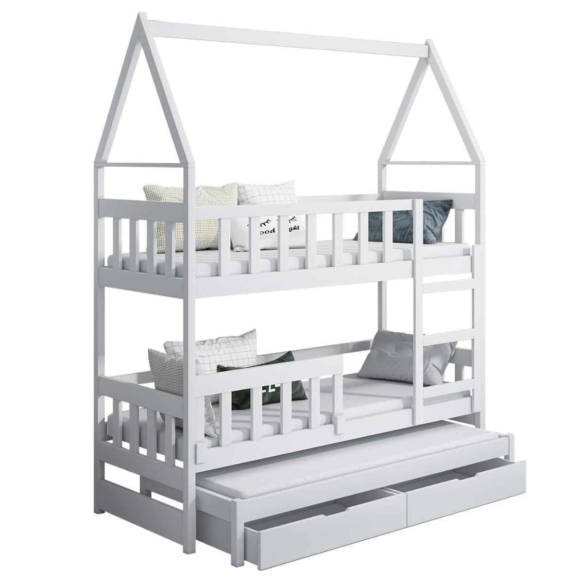 Łóżko piętrowe DOMEK drewno szare miejsce do spania dla 3 osób + materace sprężynowe 180x75 cm + barierka dolna do pokoju dziecka 4 Full Screen