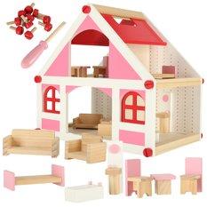 Domek dla lalek drewniany różowy montessori mebelki akcesoria dla dziewczynki 39x36x26 cm