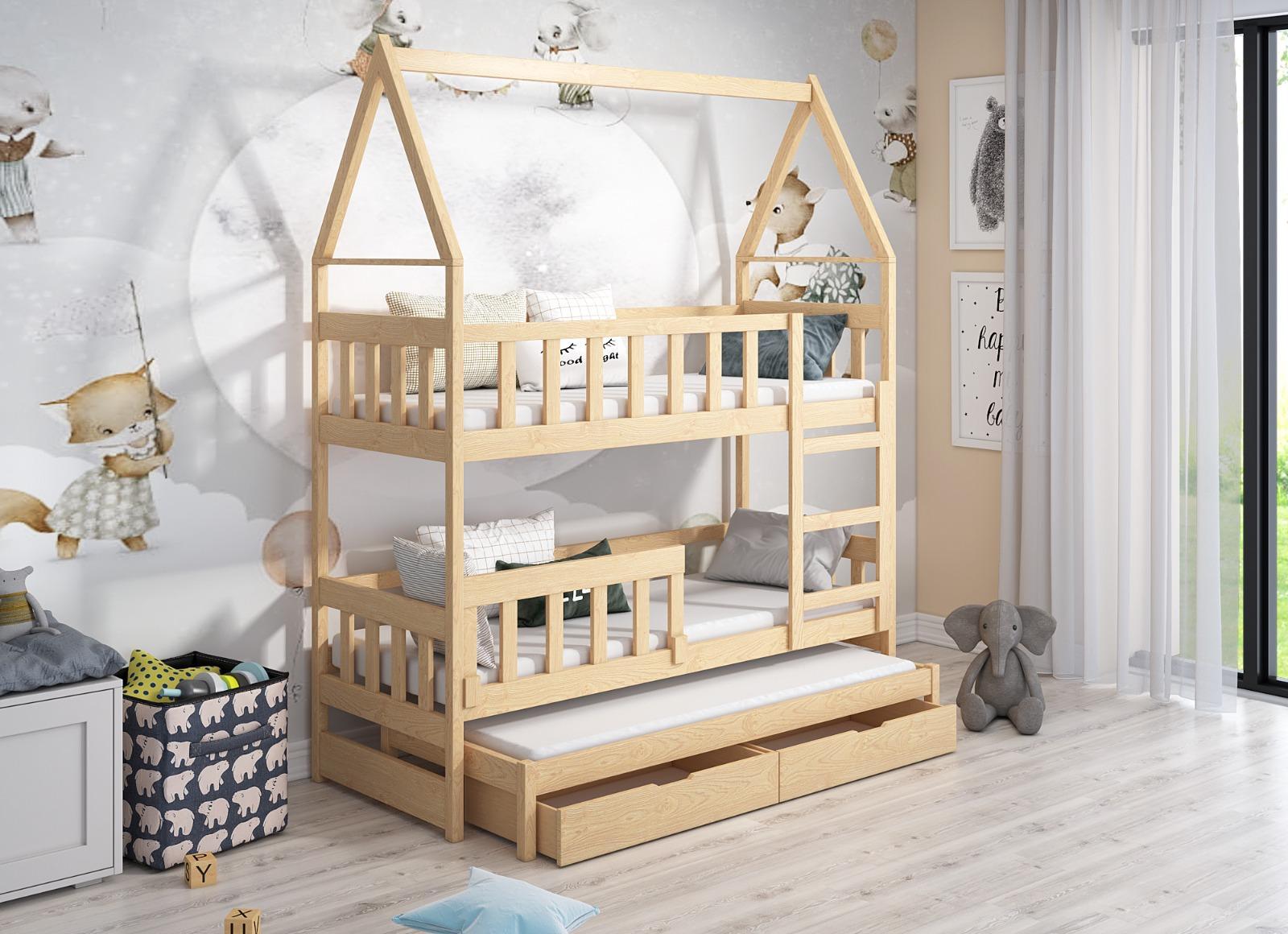 Łóżko piętrowe DOMEK drewno naturalne miejsce do spania dla 3 osób + materace lateksowe visco 180x75 cm w zestawie do pokoju dziecka 0 Full Screen