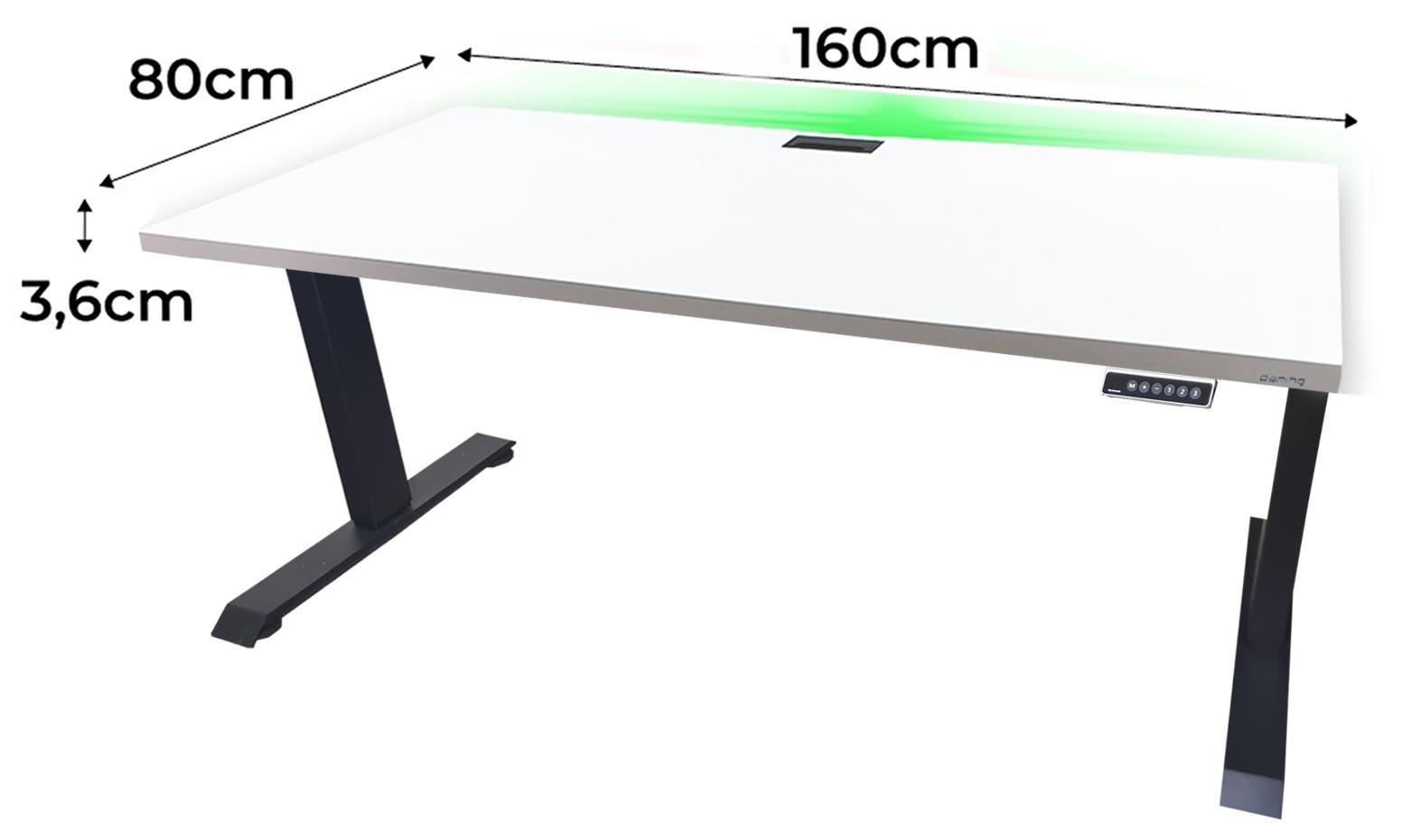 Biurko gamingowe elektryczne regulowane nogi LED RGB pilot przepust 160x80x70-118 cm białe nr. 2