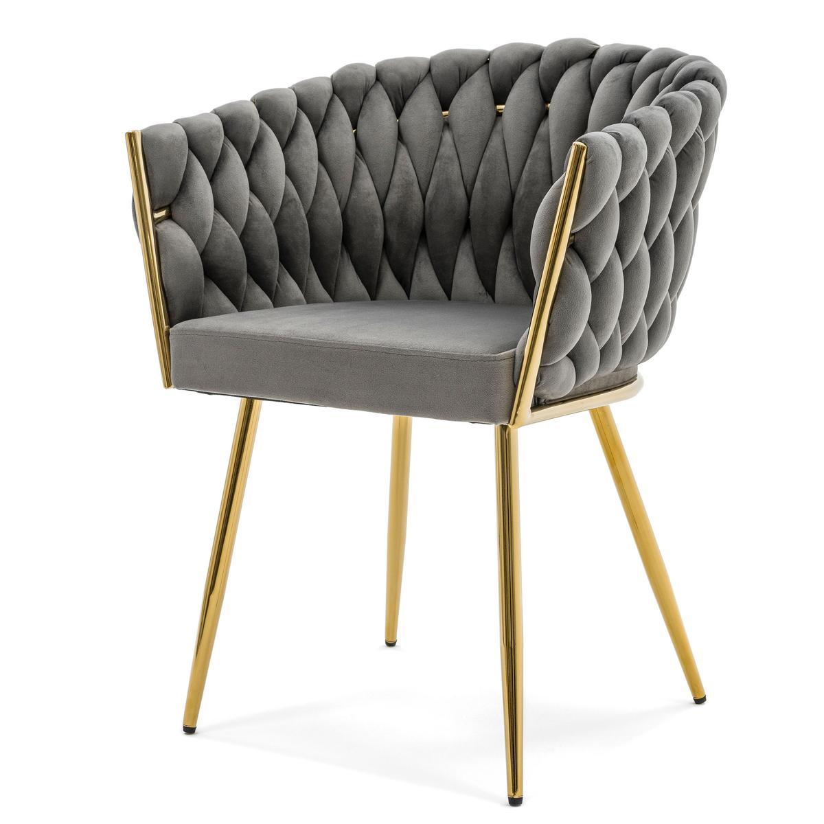 Krzesło tapicerowane z przeplatanym oparciem ROSA GOLD szare złote nóżki do jadalni salonu 4 Full Screen