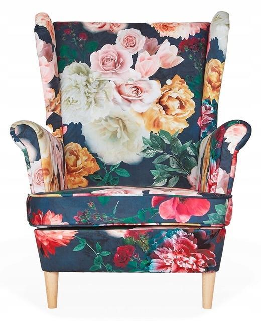 Fotel Uszak ARI PRINT 84x92x104 cm z podnóżkiem zielony róże i piwonie do salonu  nr. 2
