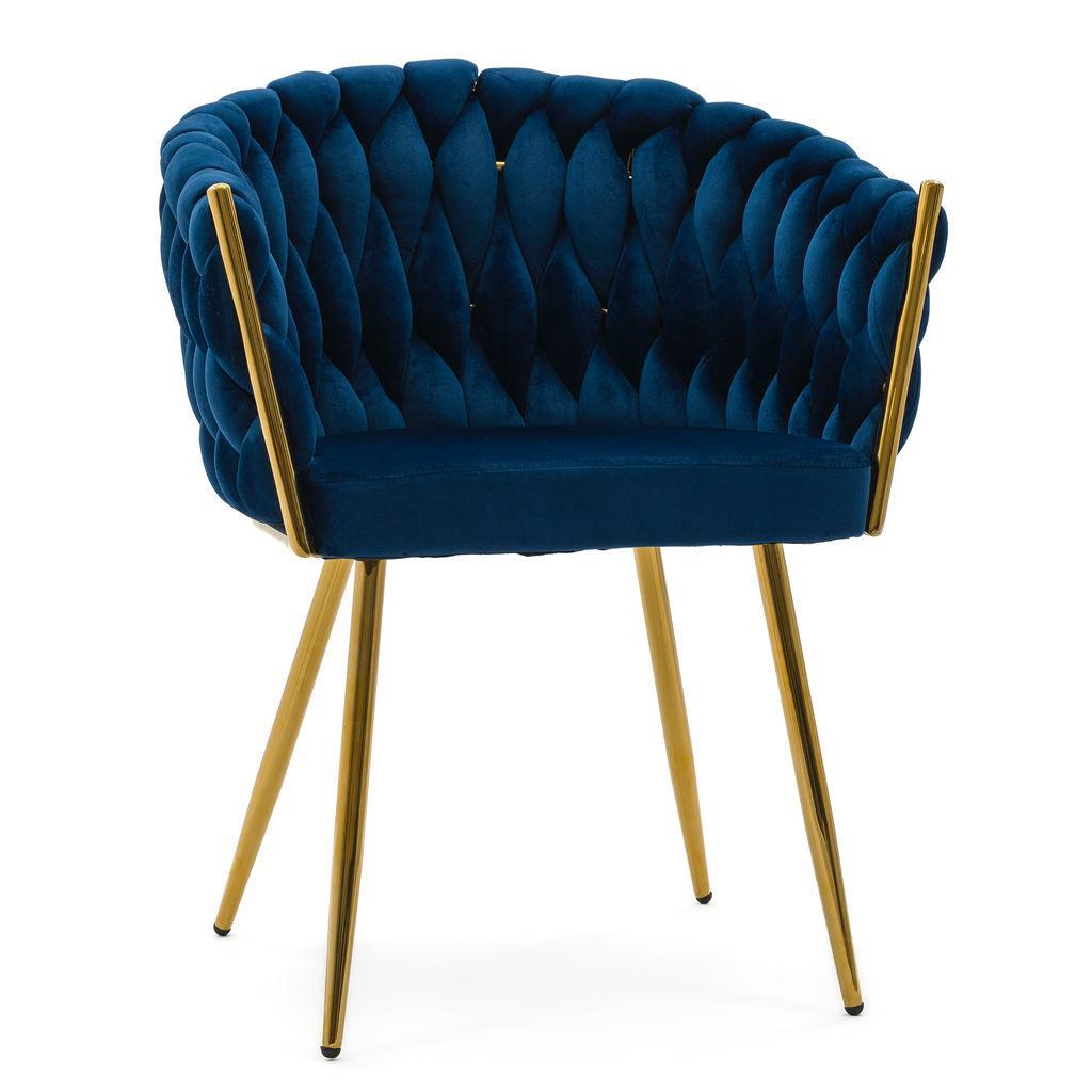 Krzesło tapicerowane z przeplatanym oparciem ROSA GOLD niebieskie złote nóżki do jadalni salonu 2 Full Screen