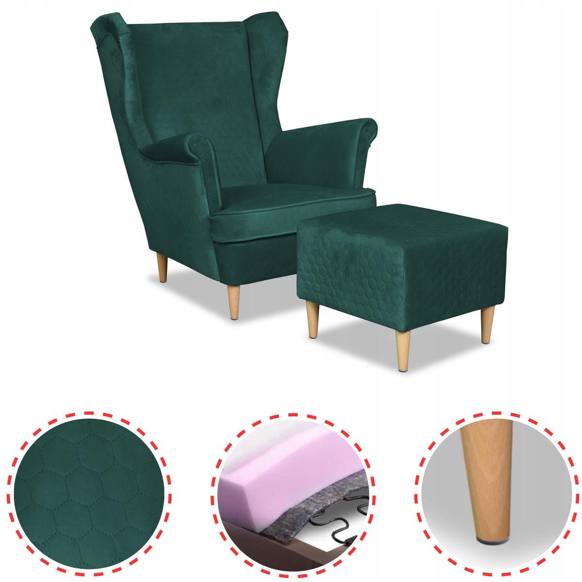 Fotel uszak Angelo z podnóżkiem pikowany zielony 0 Full Screen