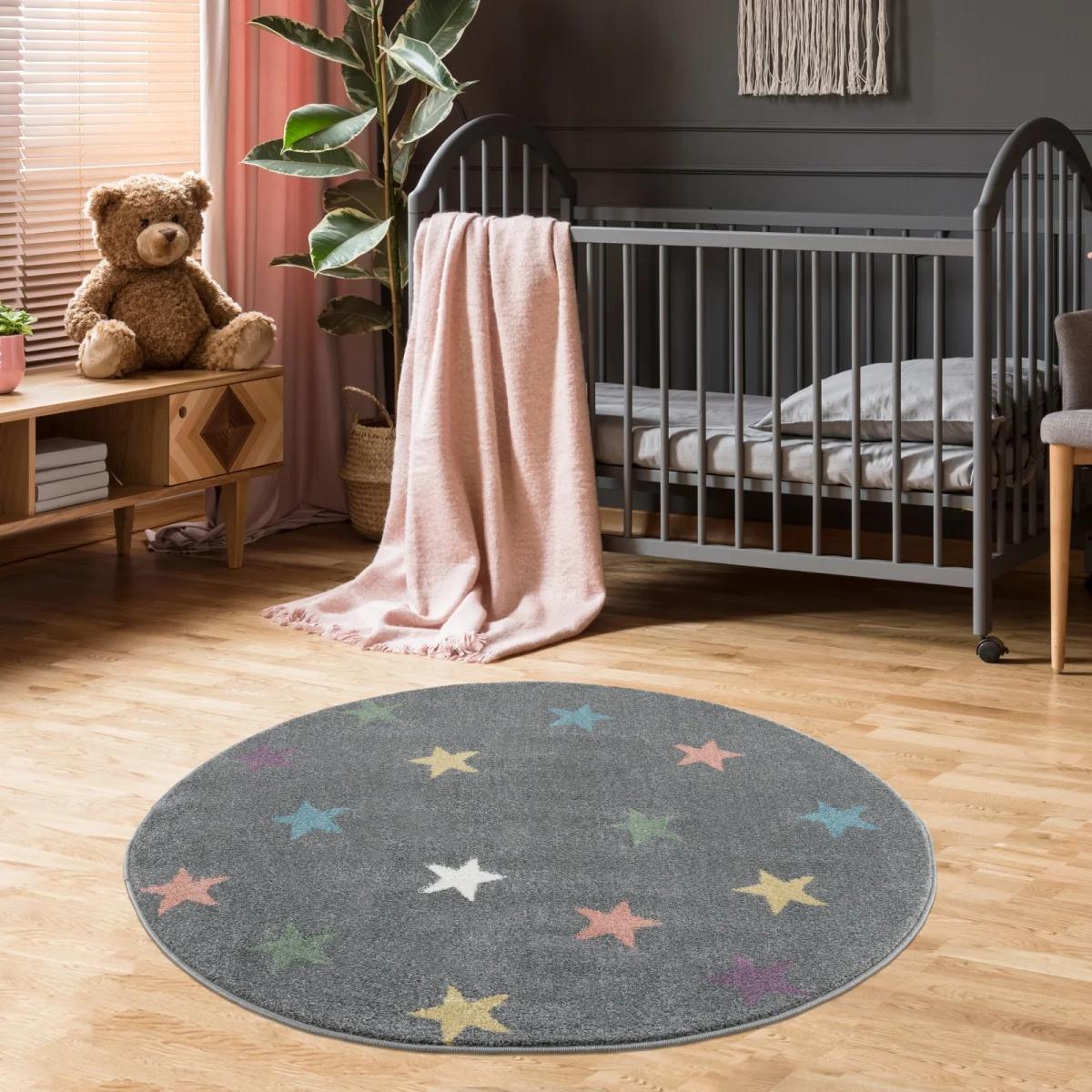 Dywan dziecięcy okrągły Grey Stars Round 133 cm do pokoju dziecięcego szary w gwiazdki nr. 1