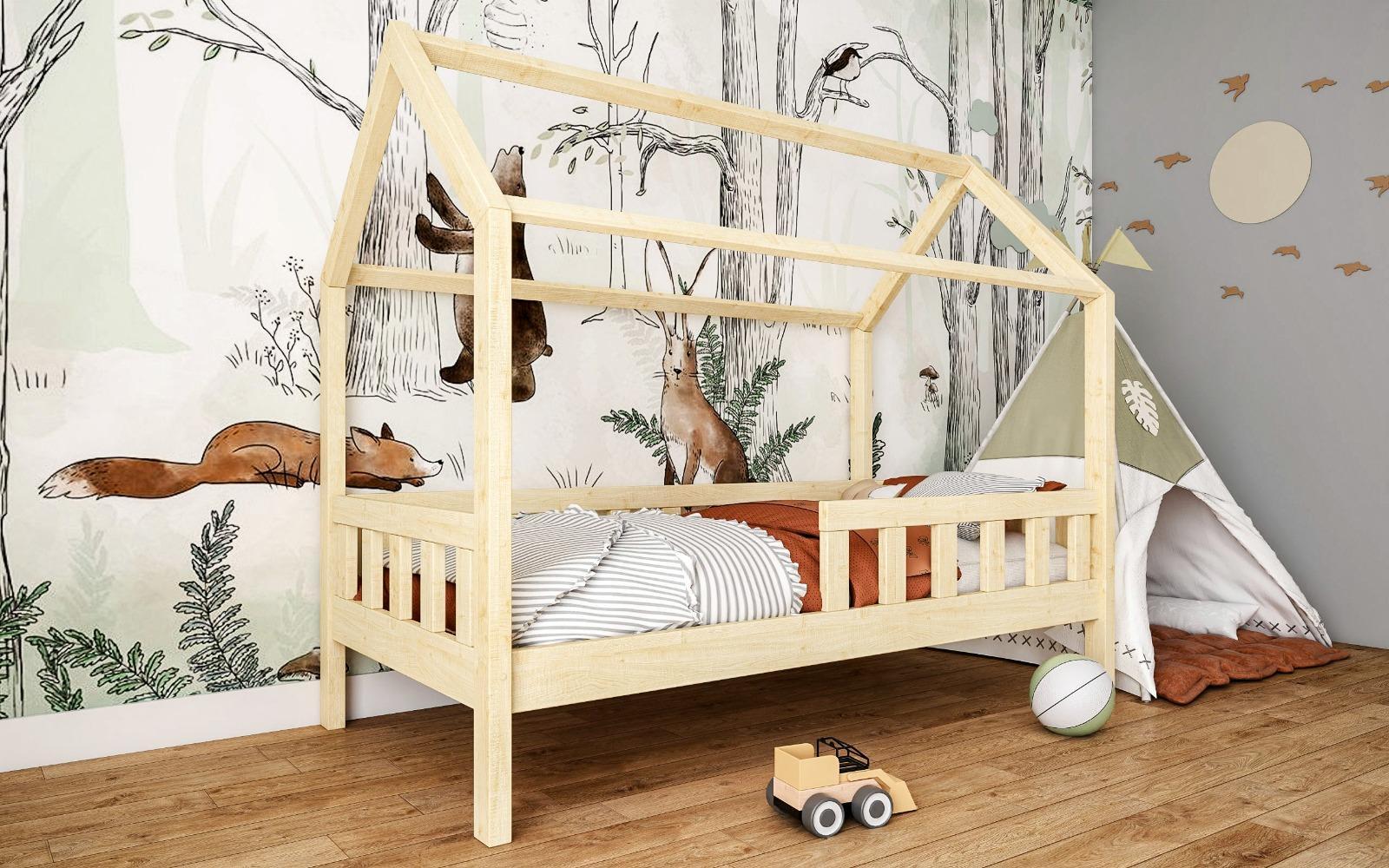Łóżko domek LUNA NATURLANE 90X200 cm dla dzieci z barierkami do pokoju dziecięcego surowe nr. 1