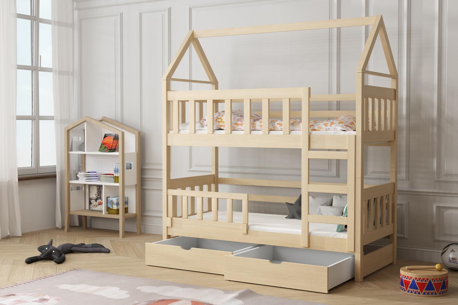 Łóżko piętrowe DOMEK białe drewniane 2 osobowe + 2 materace 180x75 gratis do pokoju dziecka  1 Full Screen