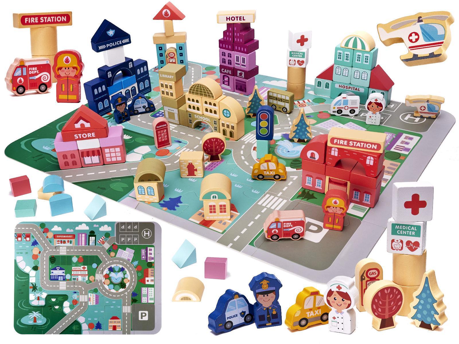 Klocki drewniane edukacyjne miasto puzzle 100 elementów zabawka dla dzieci 55x42x2,5 cm 0 Full Screen