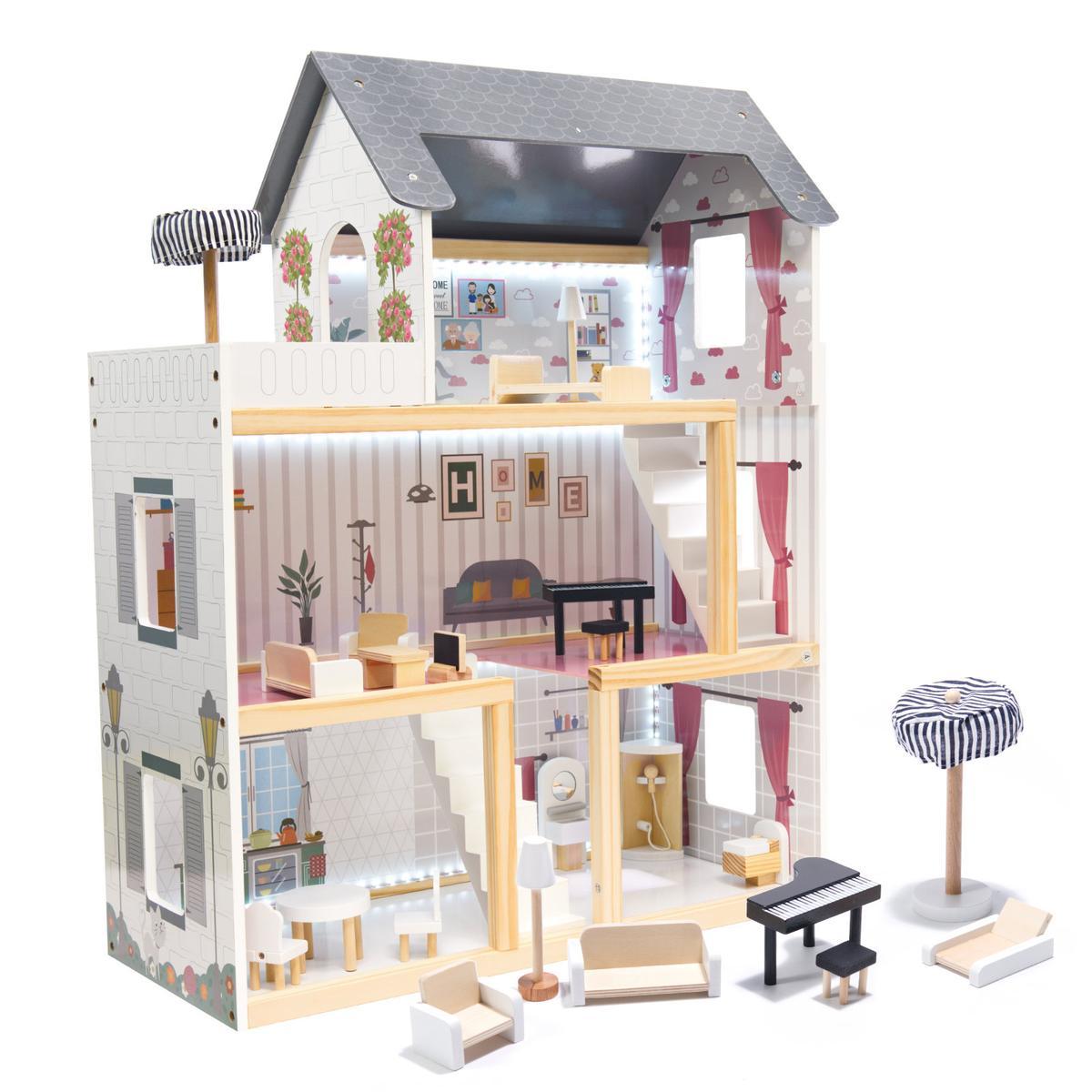 Drewniany domek dla lalek z mebelkami zabawka dla dziewczynki akcesoria MDF LED czarny 62x78x27 cm nr. 1