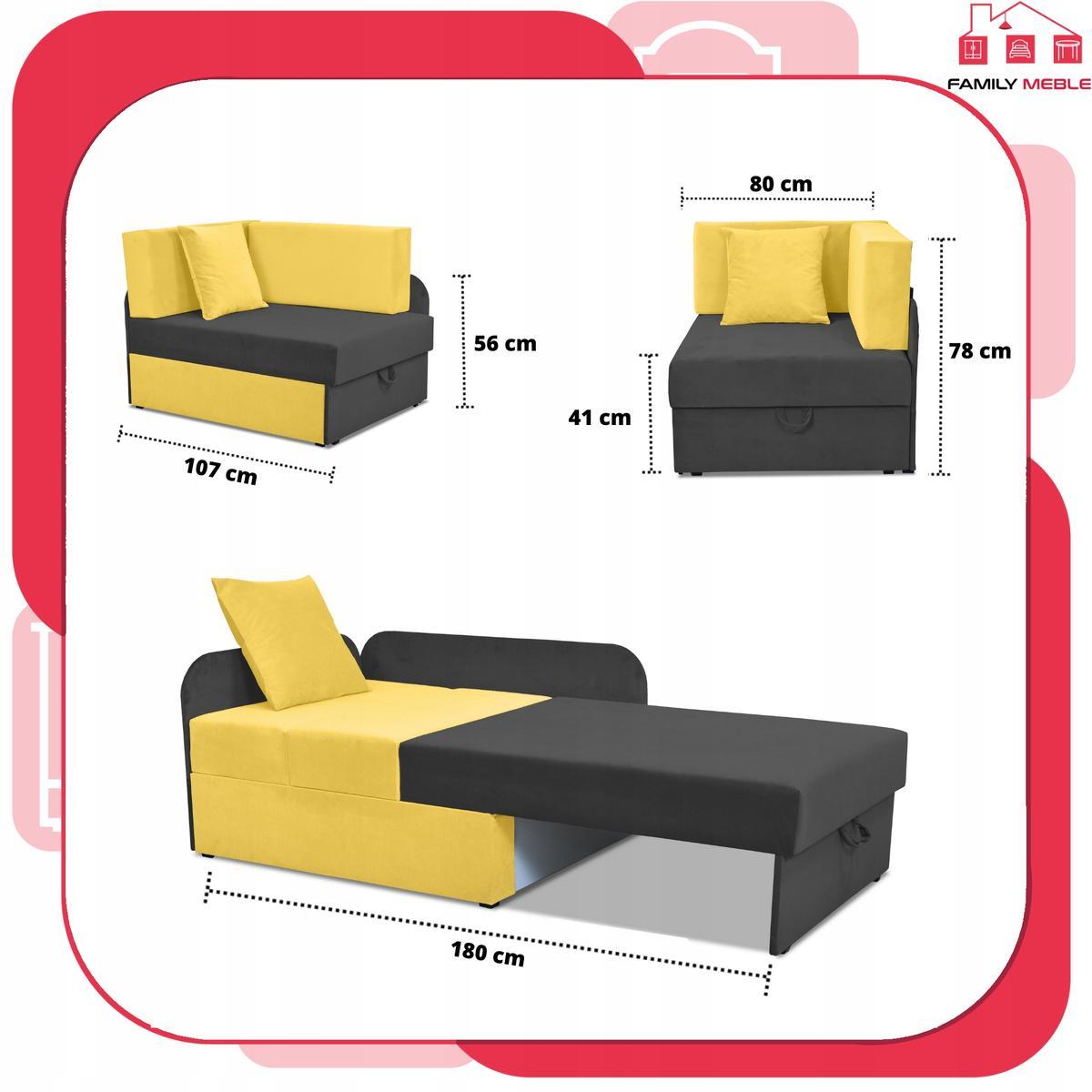 Narożnik DENIS Duo 80x180 cm czarny żółte poduszki rozkładany dla dziecka  nr. 9