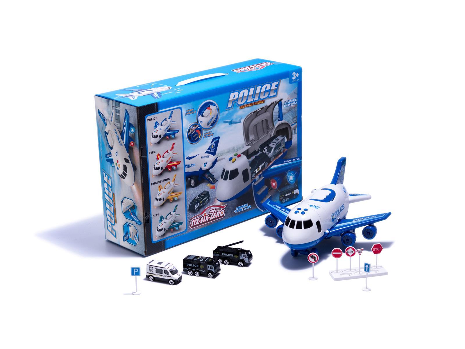 Transporter samolot + 3 auta pojazdy policja zabawka dla dzieci biała 41,5x31,5x14 cm 1 Full Screen