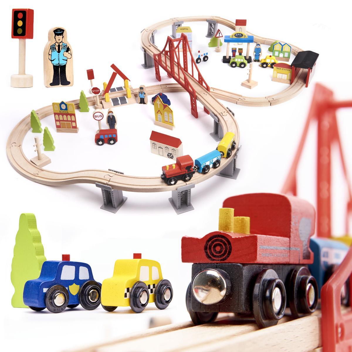 Kolejka drewniana pociąg tor samochodowy 70 elementów zabawka dla dzieci 110x20x66cm 0 Full Screen