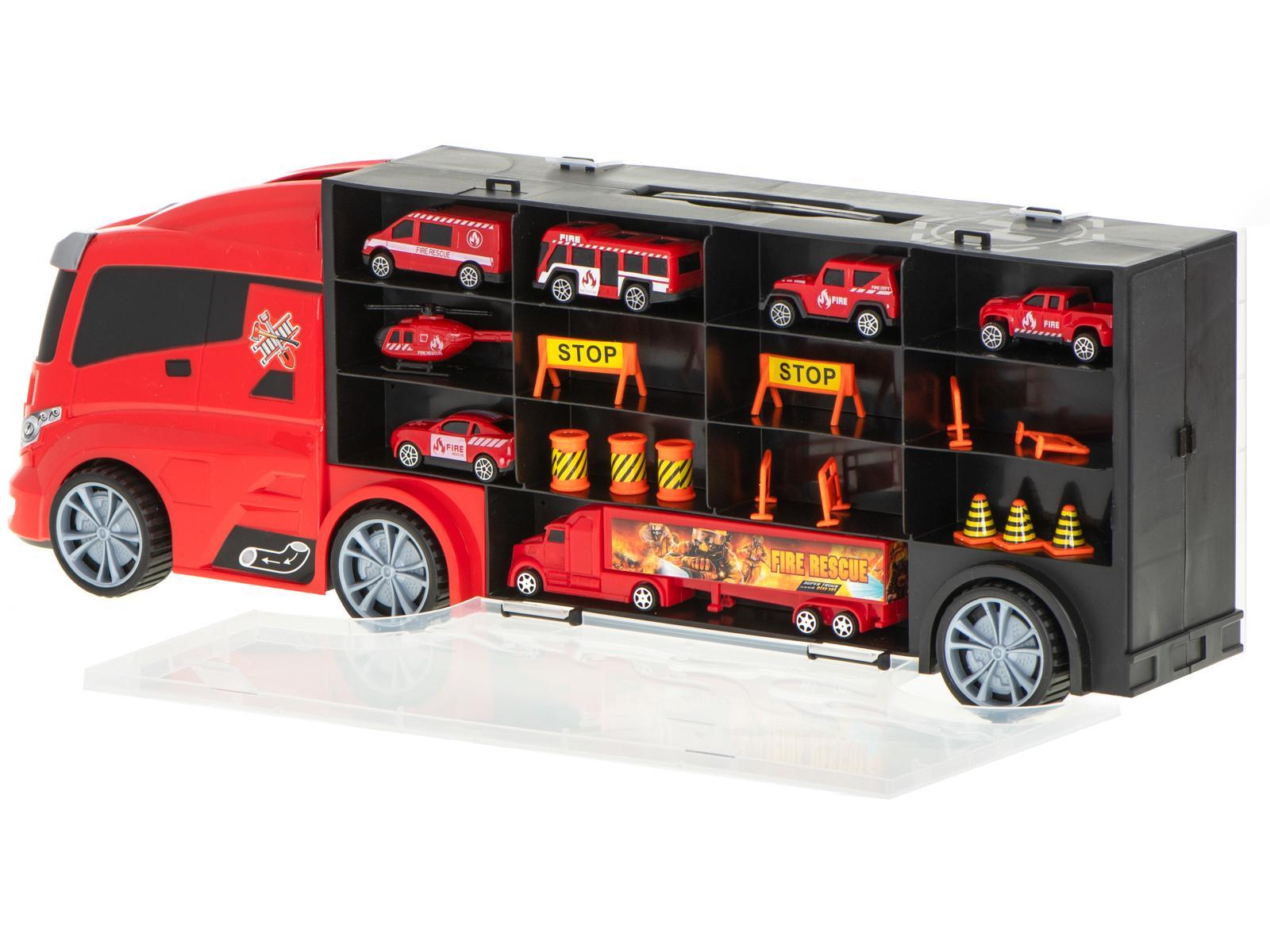 Transporter ciężarówka TIR wyrzutnia w walizce + 7 aut 13 luków straż pożarna zabawka dla dzieci 57x11x19,5cm  4 Full Screen