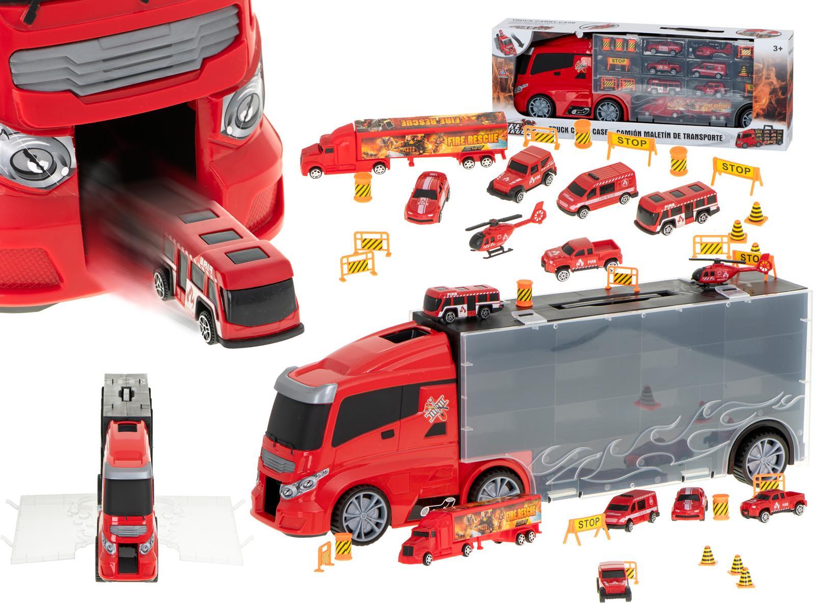 Transporter ciężarówka TIR wyrzutnia w walizce + 7 aut 13 luków straż pożarna zabawka dla dzieci 57x11x19,5cm  0 Full Screen