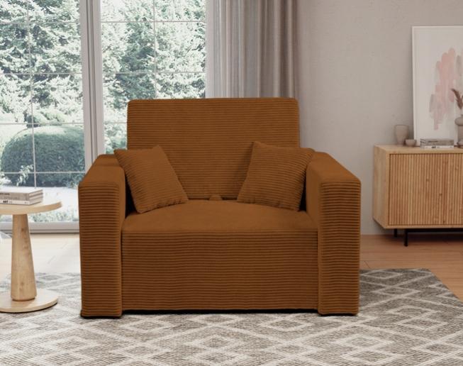 Fotel amerykanka jednoosobowa 110x100 cm z funkcją spania z pojemnikiem sztruks POSO pomarańczowy nr. 1