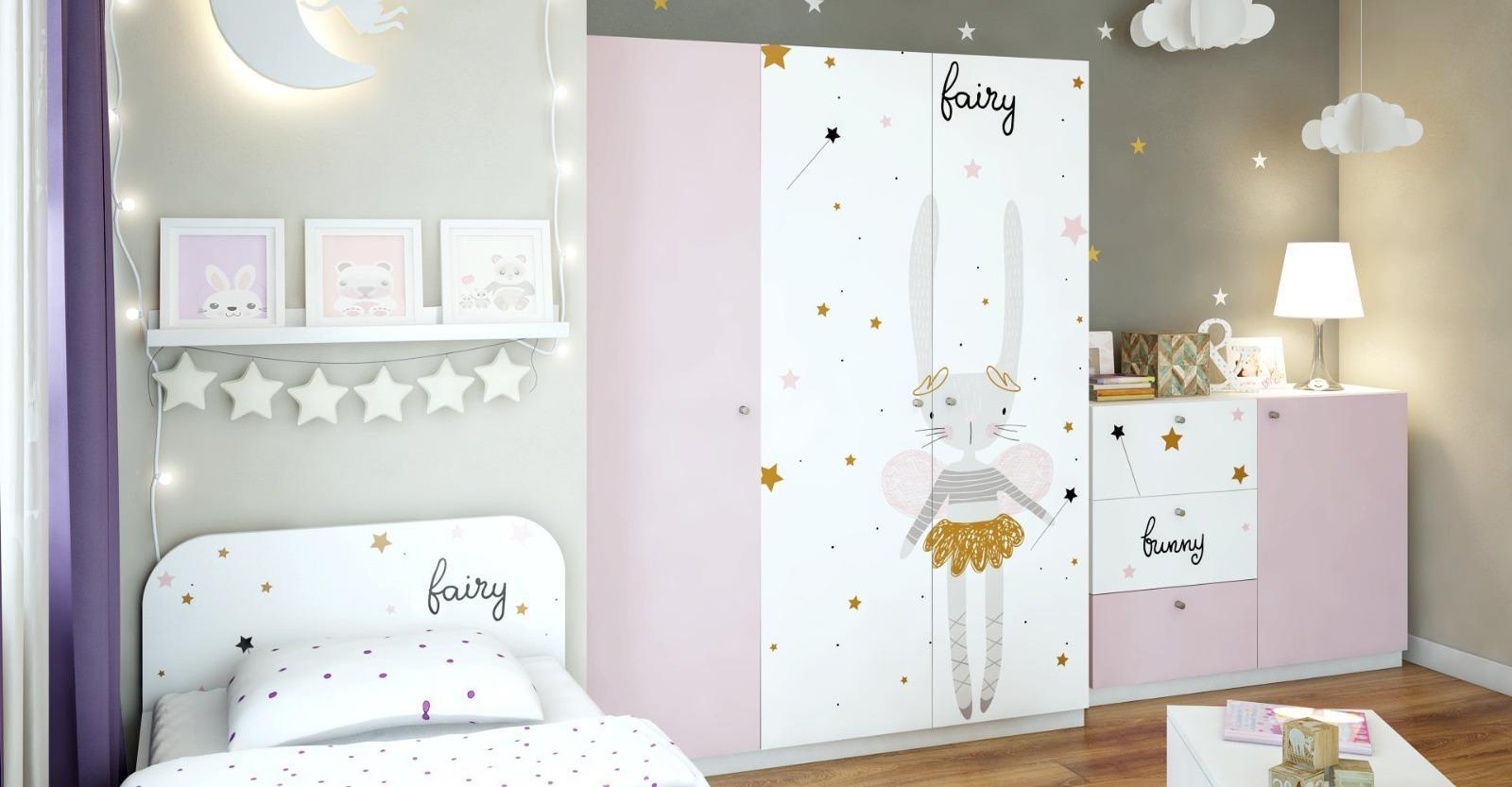 Szafka FAIRY 120x40 cm wisząca biało różowa z grafiką dla dziecka 1 Full Screen