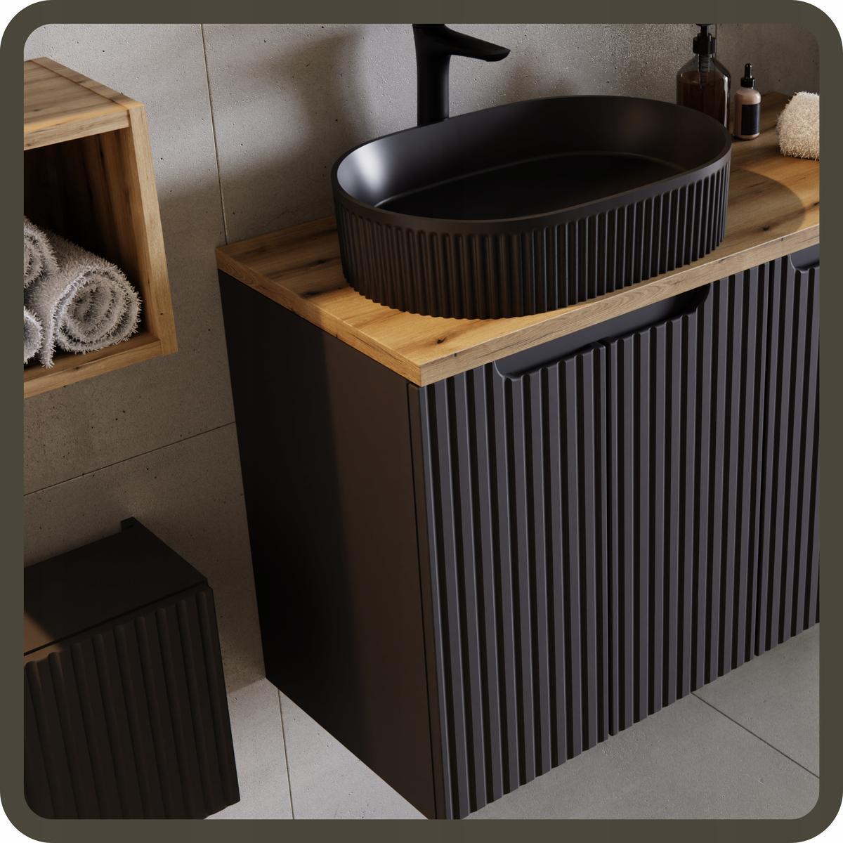 Szafka łazienkowa z umywalką 50 cm NOVA BLACK ryflowany front z szufladami czarna  nr. 11