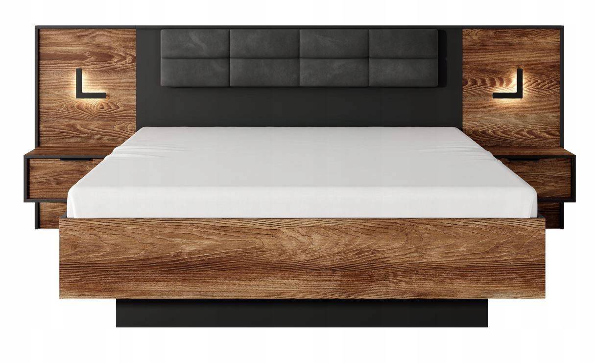 Łóżko 160x200 cm czarny tapicerowany zagłówek z pojemnikiem na pościel i szafkami i oświetleniem MILTON w zestawie do sypialni  nr. 1
