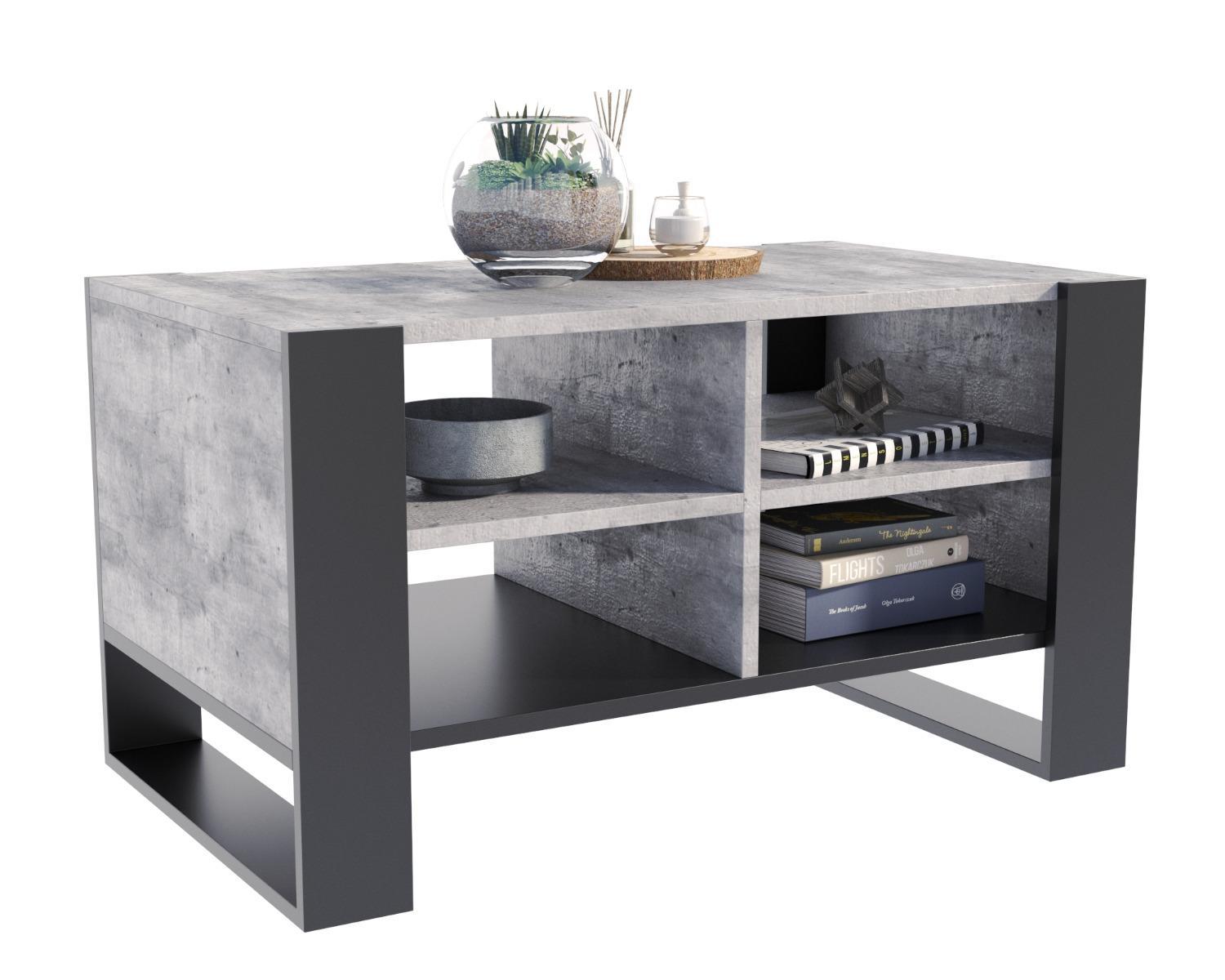 Ława Figa 100x53,6x50 cm beton czarny z pólkami elegancki stolik kawowy do salonu  nr. 4