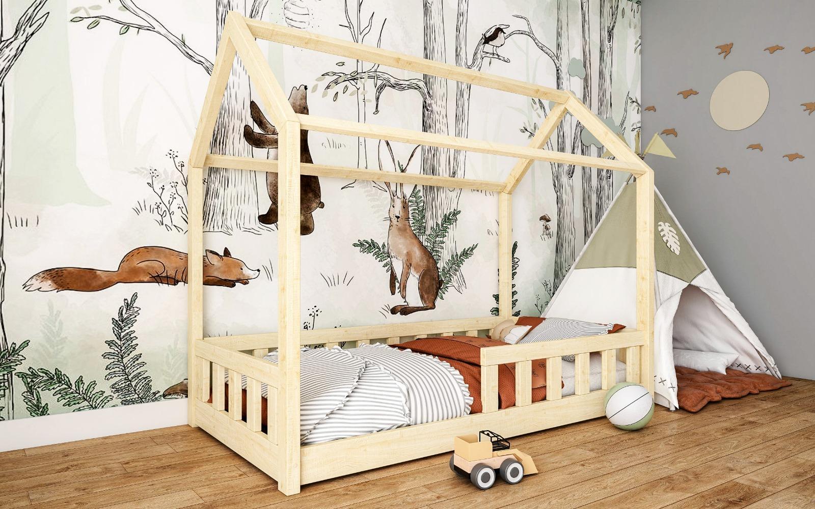 Łóżko domek LUNA naturalne DP niskie  80x160 cm dla dzieci z barierkami do pokoju dziecięcego  nr. 1