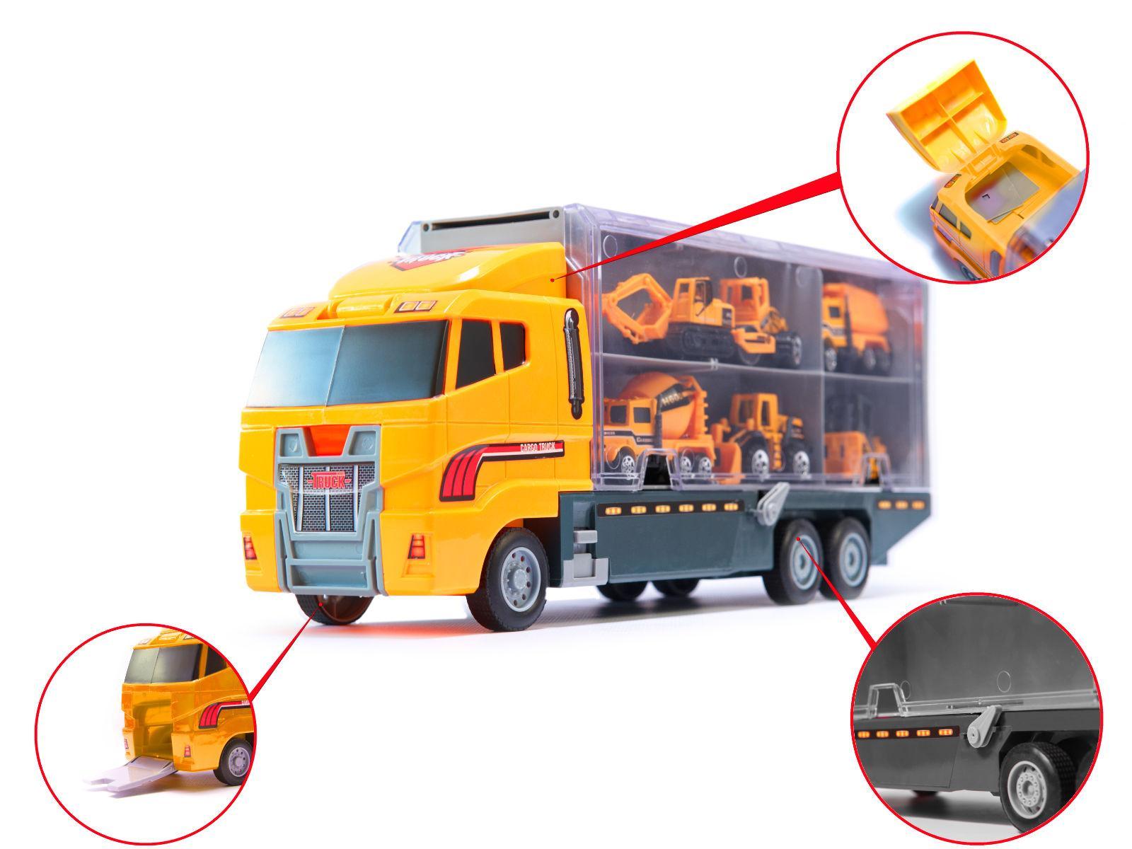 Transporter ciężarówka TIR wyrzutnia + metalowe auta maszyny budowlane zabawka dla dzieci 15x10x36cm 15 Full Screen