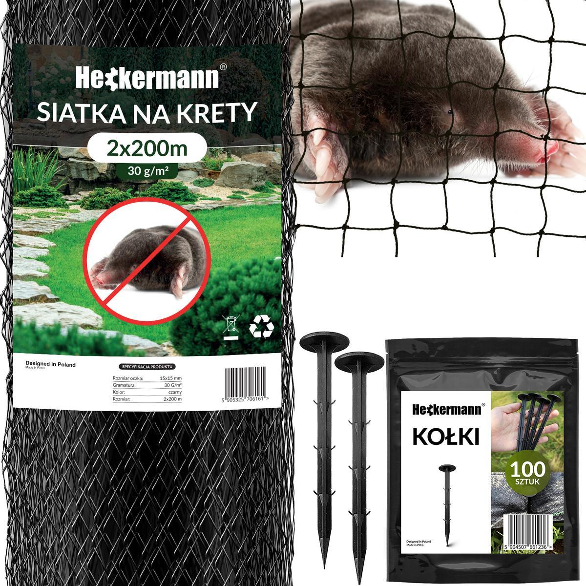 Zestaw Siatka na krety Heckermann 2x200m 30g/m2 + Kołki Czarne 100 szt nr. 1