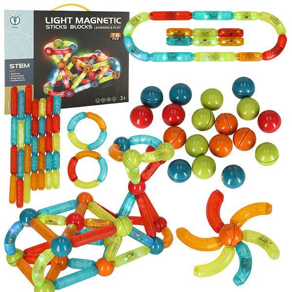 Klocki magnetyczne LED kolorowe magnetic sticks duże patyczki świecące dla małych dzieci 76 elementów 19x13x7 cm  nr. 1